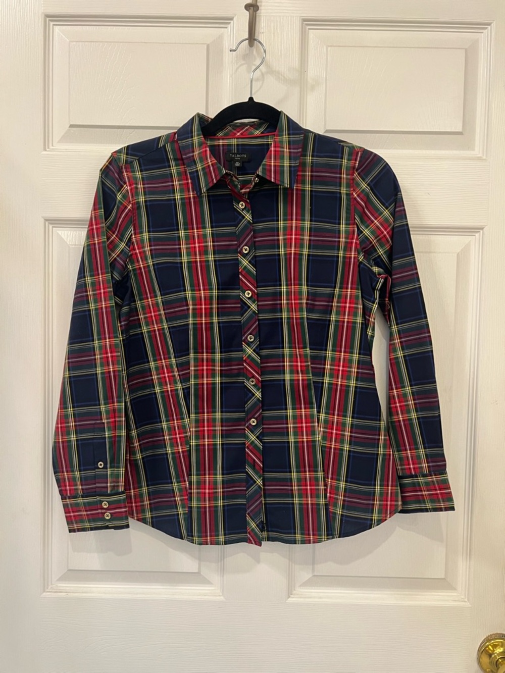Talbots Navy Red Green Plaid Button-Down Shirt with Yellow Accents